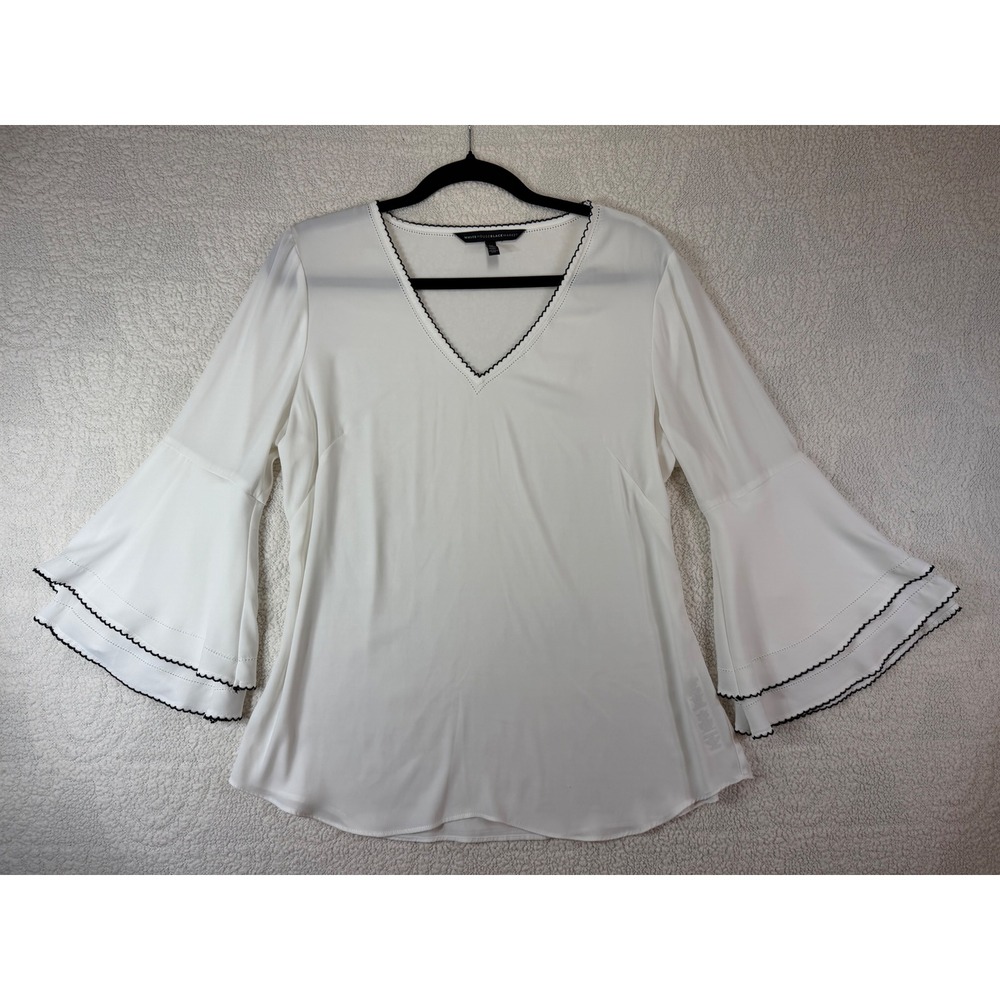White House Black Market Ric Rac Trim Tiered Bell Sleeve V-Neck Blouse White 10 - Picture 2 of 8